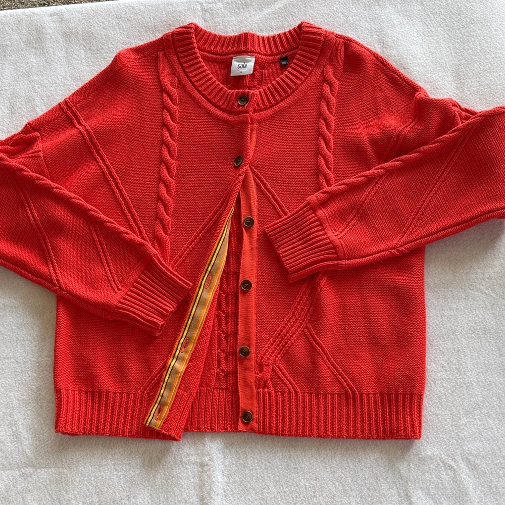 Cabi Cable Knit Button Cardigan in Bright tomato
